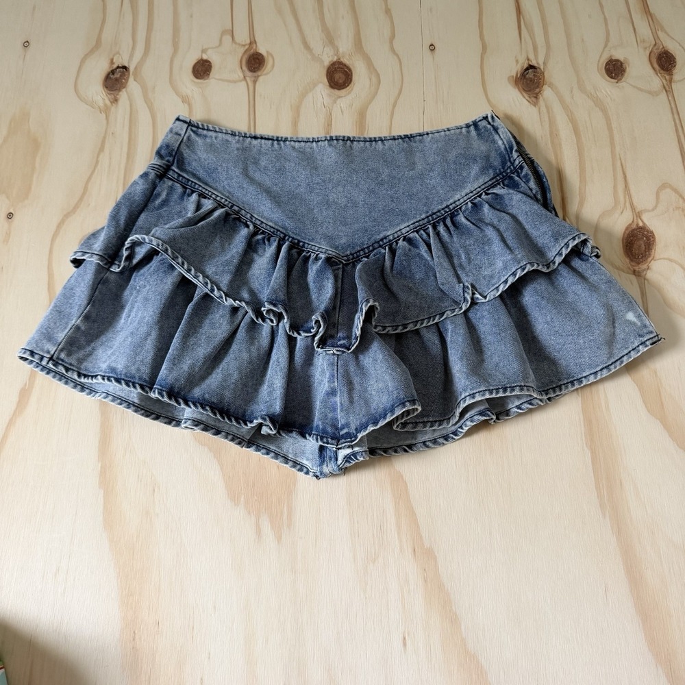 Tgla Women's Blue Solid Denim Ruffle Mini Skirt Regular Size M